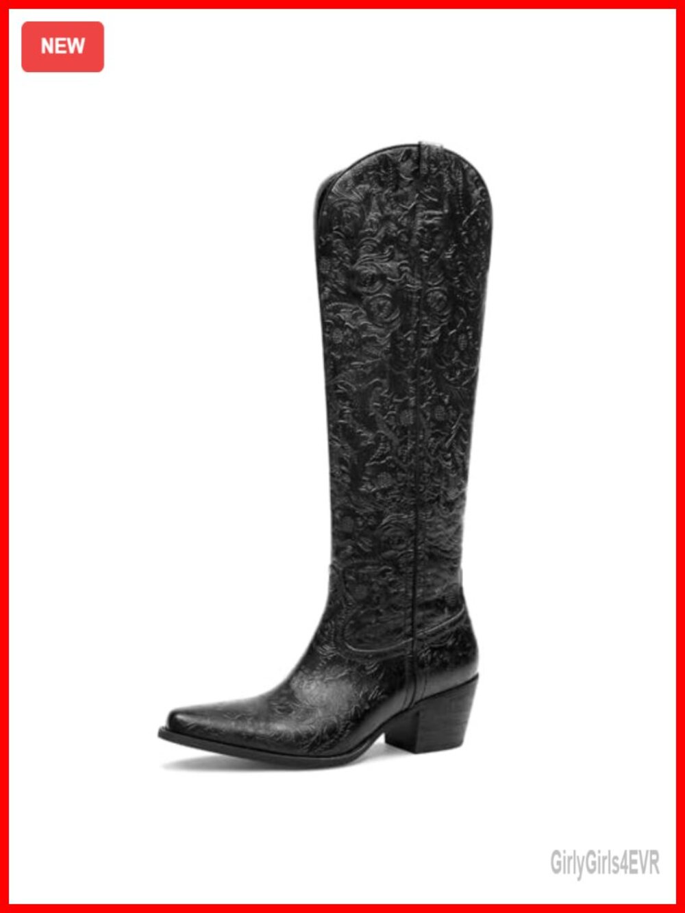 Women's Knee High Cowboy Boots Pointed Toe Chunky Heel Embossed Floral PU Pull